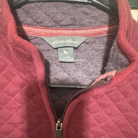 Eddie Bauer Sweater Mens S 1/4 zip Fleece Diamond Quilted Burgundy sweatshirt - Picture 4 of 6